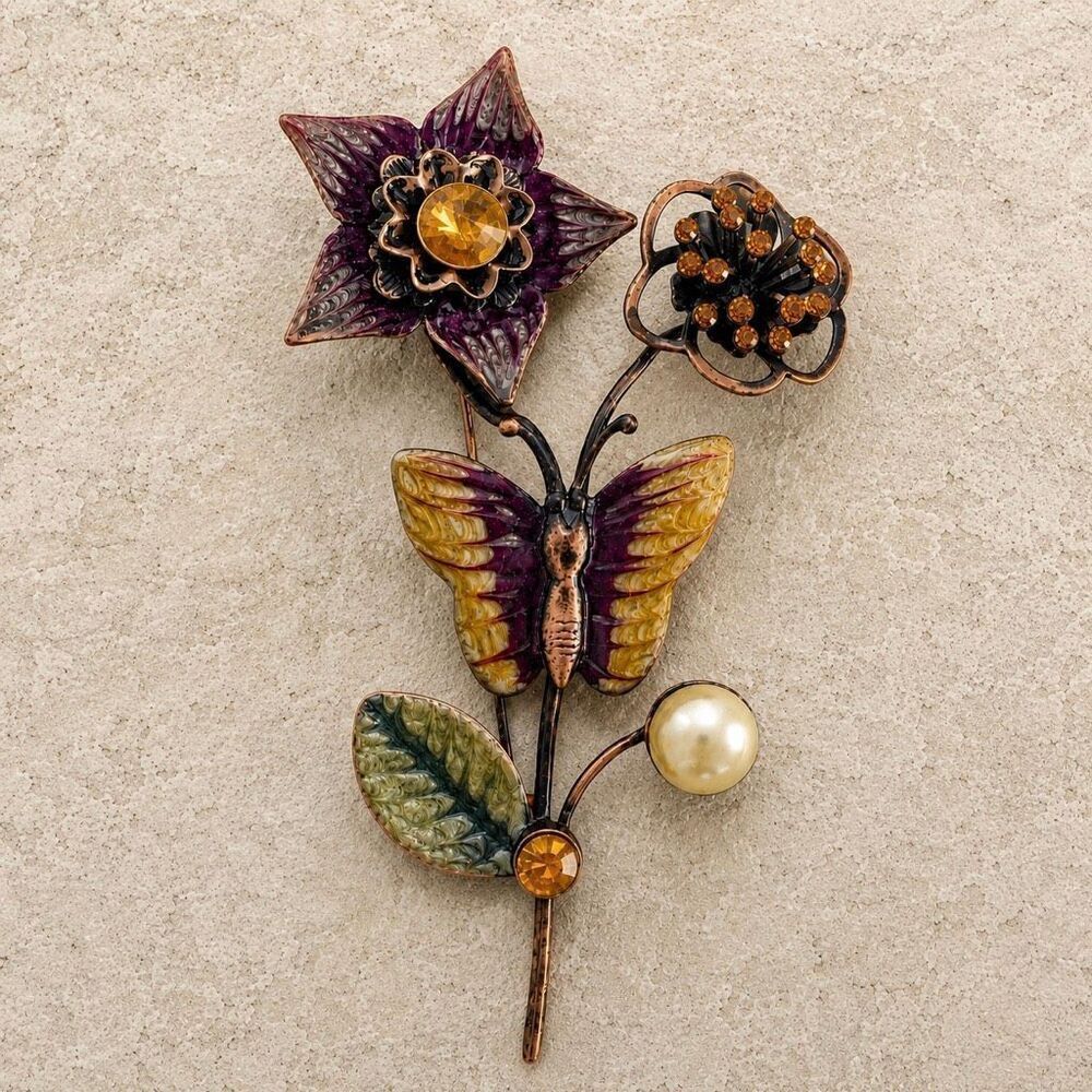 Rustic Folk Art Garden Brooch Large Enamel Butterfly, Florals & Pearl Pin